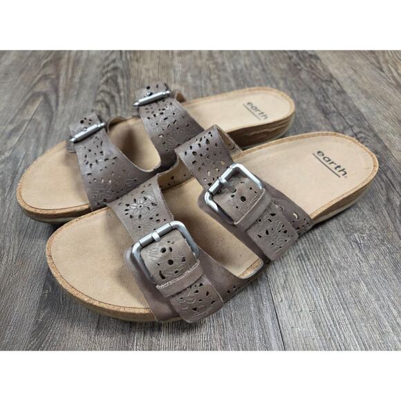 Earth Perforated Leather Slide Sandals Sand Antigua Warm Taupe Shoes Size 8.5 - Picture 1 of 9